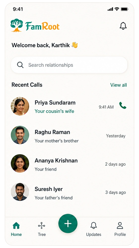 FamRoot home screen for Karthik: a Recent Calls list where each caller is labelled by relationship, Priya Sundaram as 'your cousin's wife', Raghu Raman as 'your mother's brother' and more