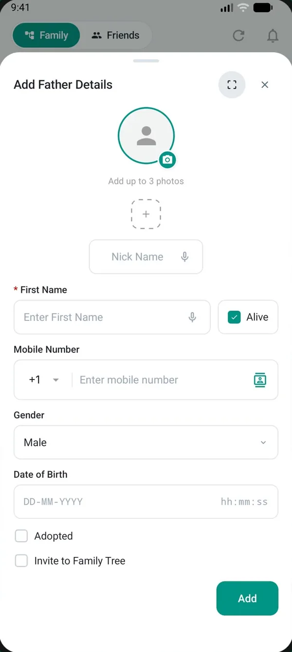 Adding a relative in FamRoot with name, photo, mobile number and an Invite to Family Tree option