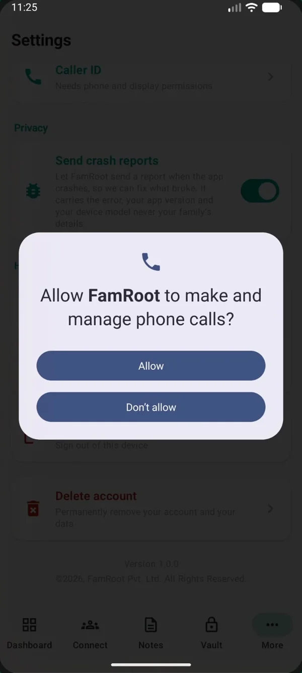 Android permission prompt: Allow FamRoot to make and manage phone calls?