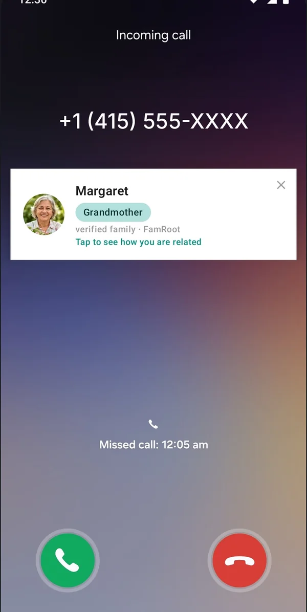 FamRoot Smart Caller ID screen: recent calls, each caller labelled with their relationship to you