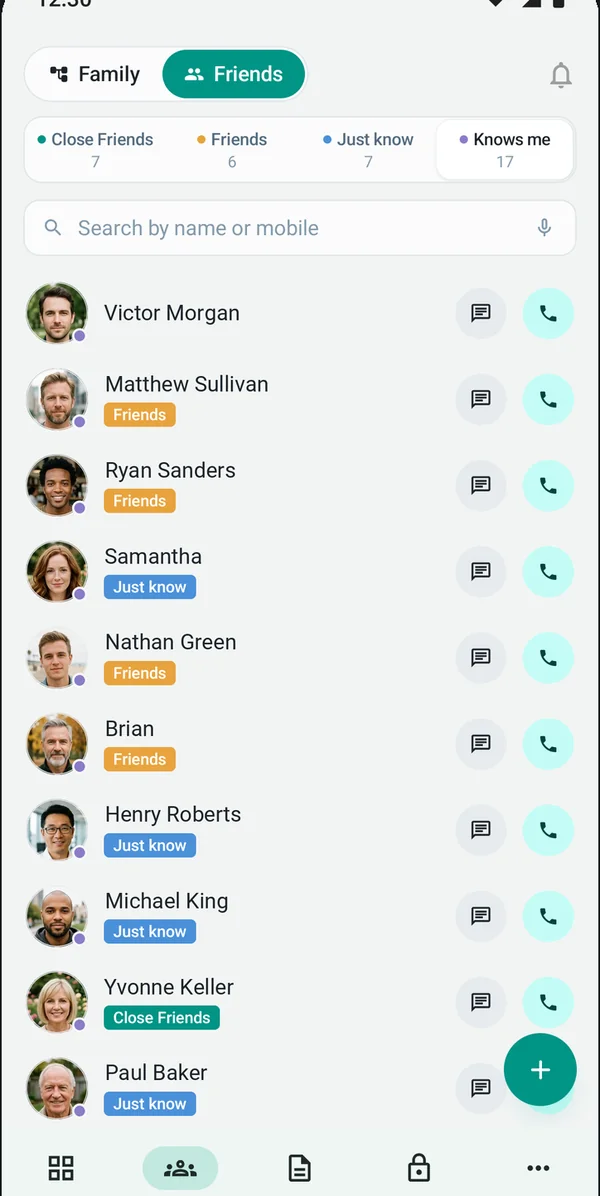 FamRoot Friends list, with people tagged Close friend, Friend or Just know