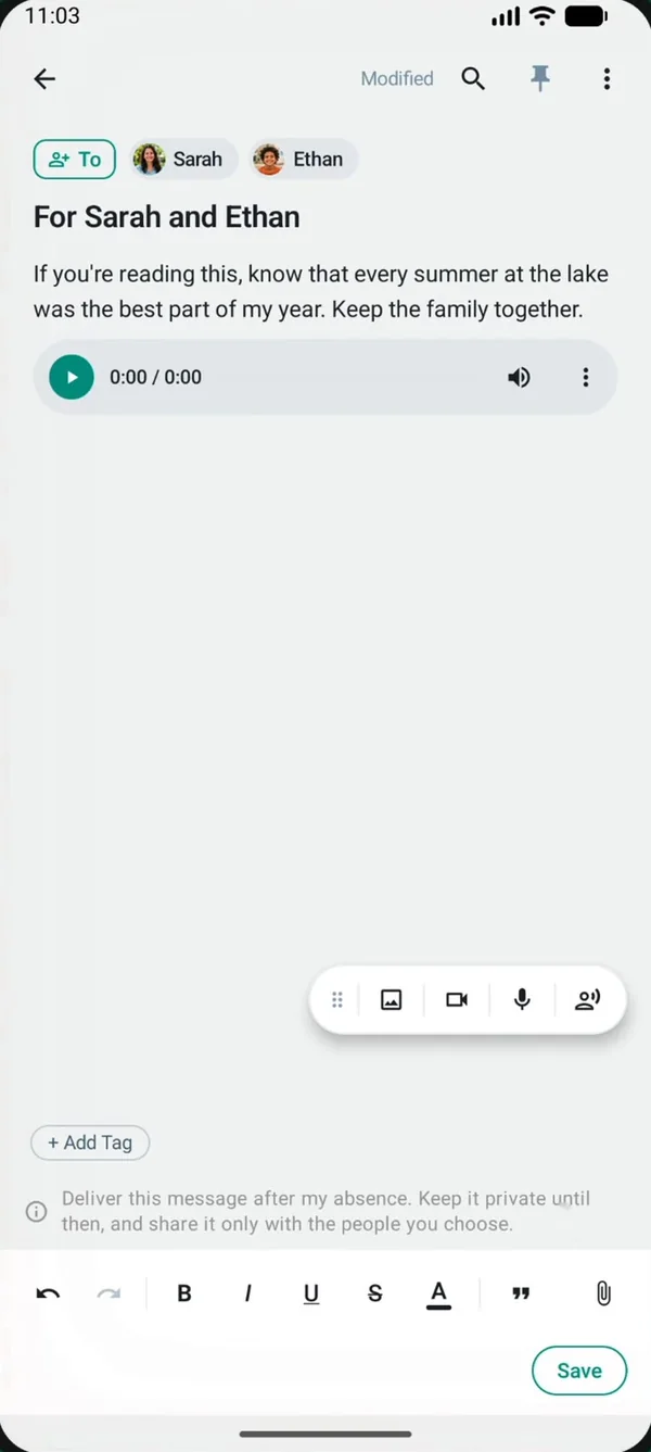 Writing a last message to Sarah and Ethan with a voice note