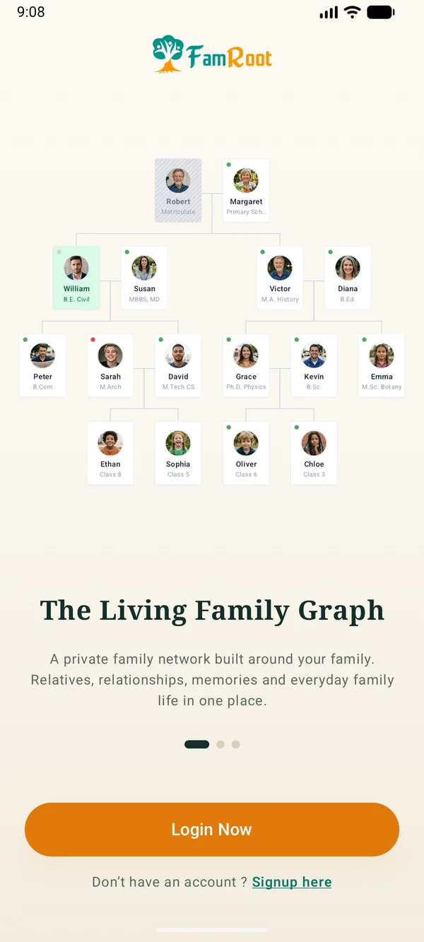 FamRoot welcome screen: The Living Family Graph, a private family network built around your family
