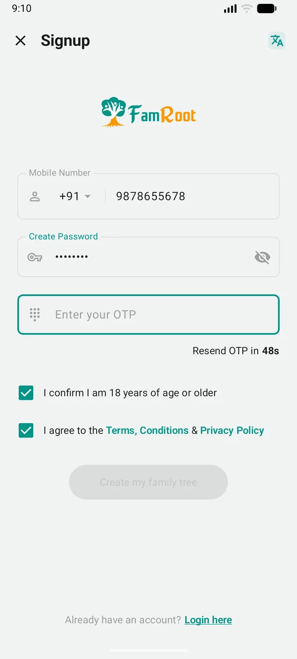 FamRoot sign-up: mobile number, password, one-time code, and confirmations that you are 18 or older and agree to the Terms