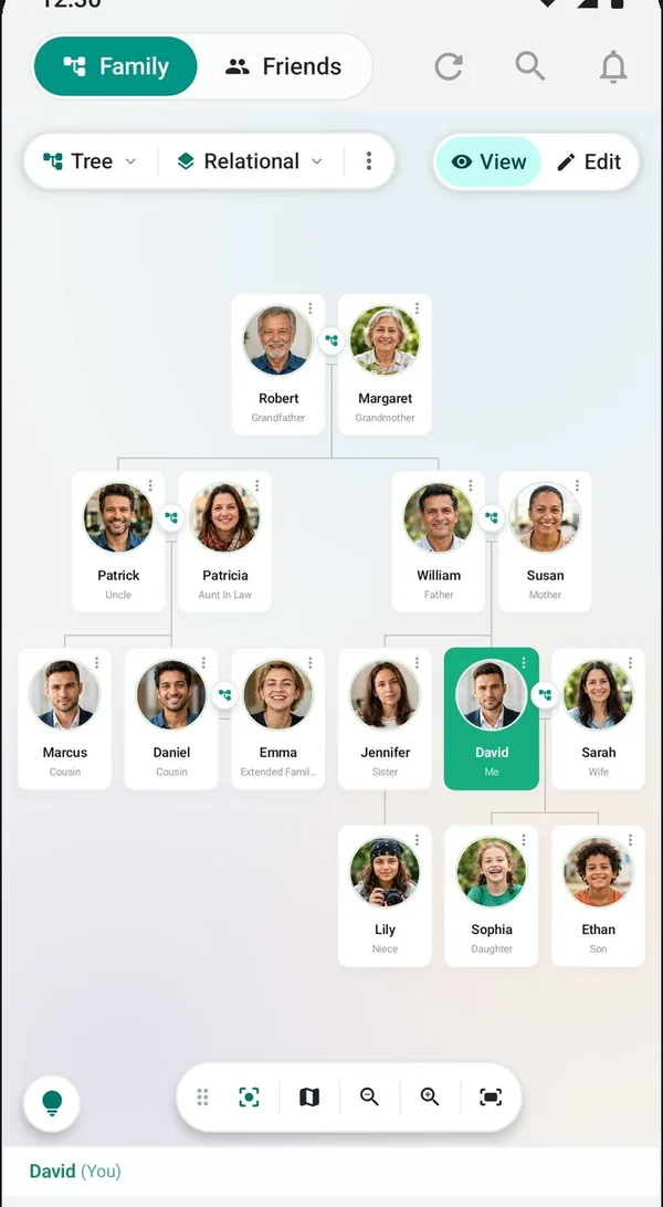 A FamRoot family tree with every relative labelled