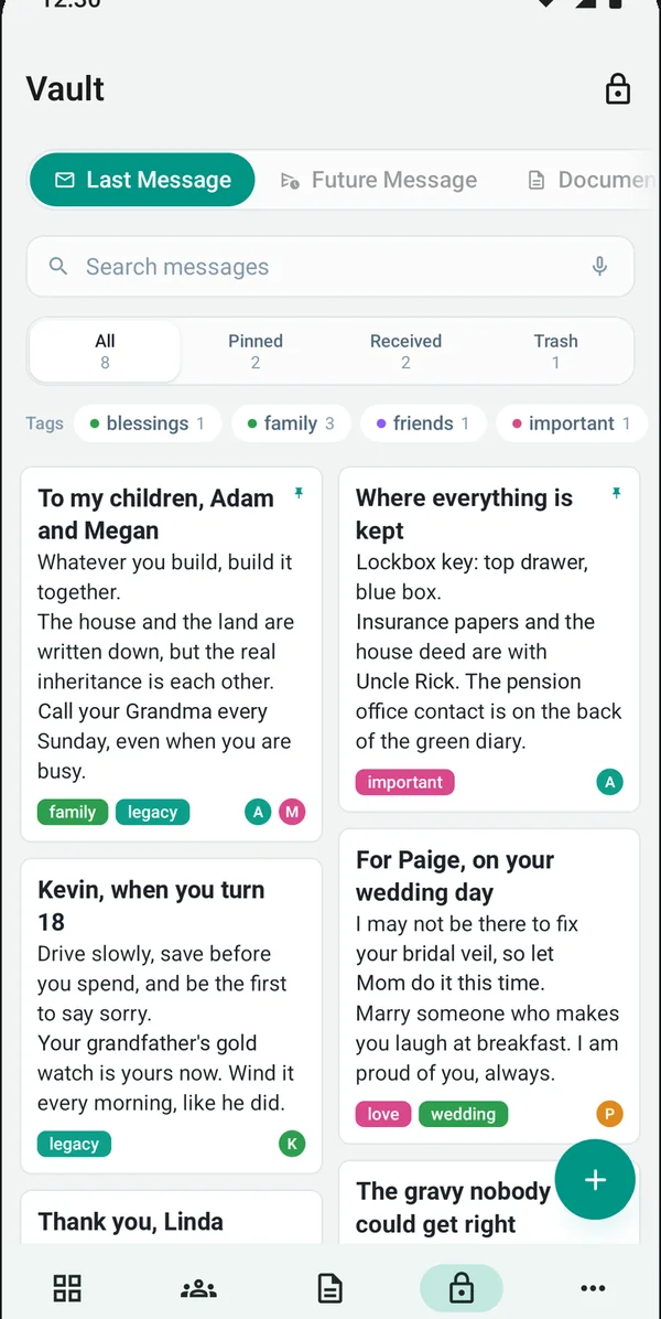 FamRoot Vault messages, including one for a grandson's 18th birthday and one for a wedding day